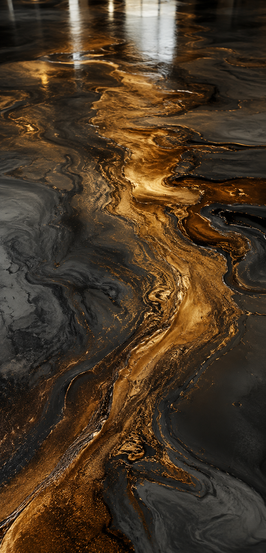 Metallic epoxy floor swirl detail
